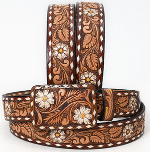 Sweet Daisy Tooled Leather Belts w/ Rectangle Buckle
