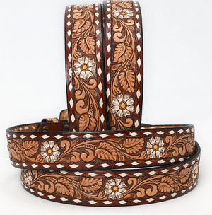 Sweet Daisy Tooled Leather Belts w/ Rectangle Buckle