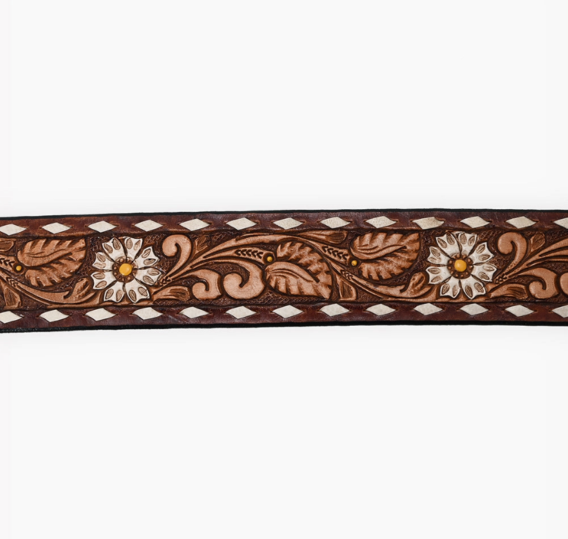 Sweet Daisy Tooled Leather Belts w/ Rectangle Buckle