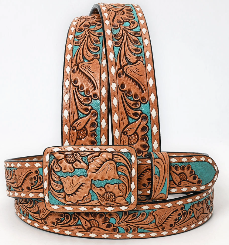 Canyon Belle Tooled Leather Belt w/ Rectangle Buckle