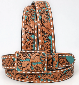 Canyon Belle Tooled Leather Belt w/ Rectangle Buckle