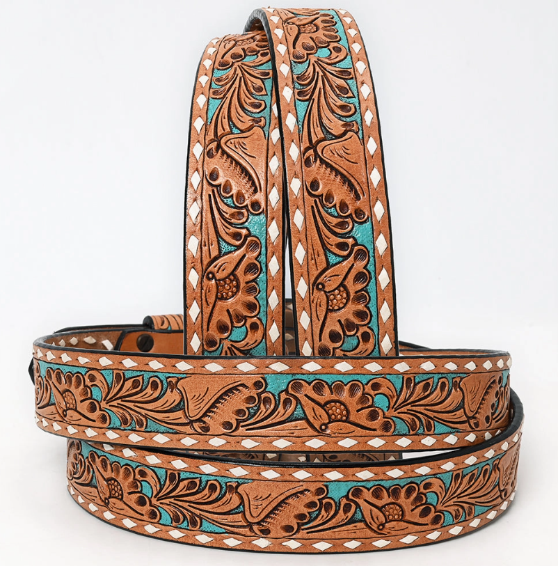 Canyon Belle Tooled Leather Belt w/ Rectangle Buckle
