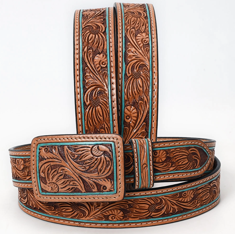 Canyon Dreams Floral Tooled Leather Belt w/ Rectangle Buckle