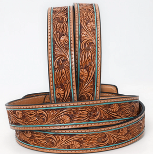 Canyon Dreams Floral Tooled Leather Belt w/ Rectangle Buckle