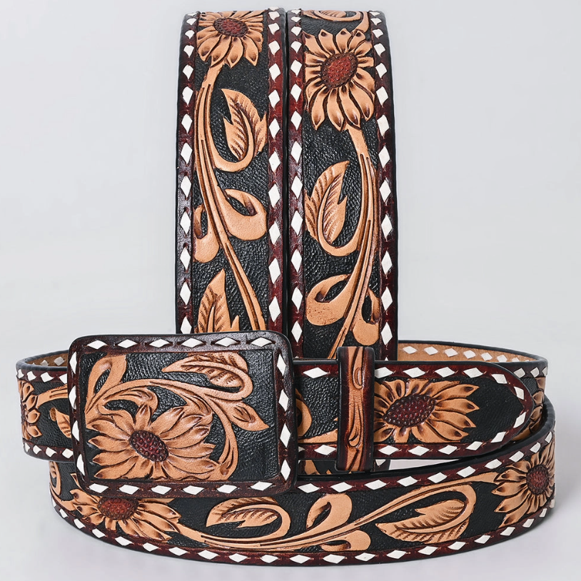 Canyon Under The Stars Black Tooled Leather Belt w/ Rectangle Buckle