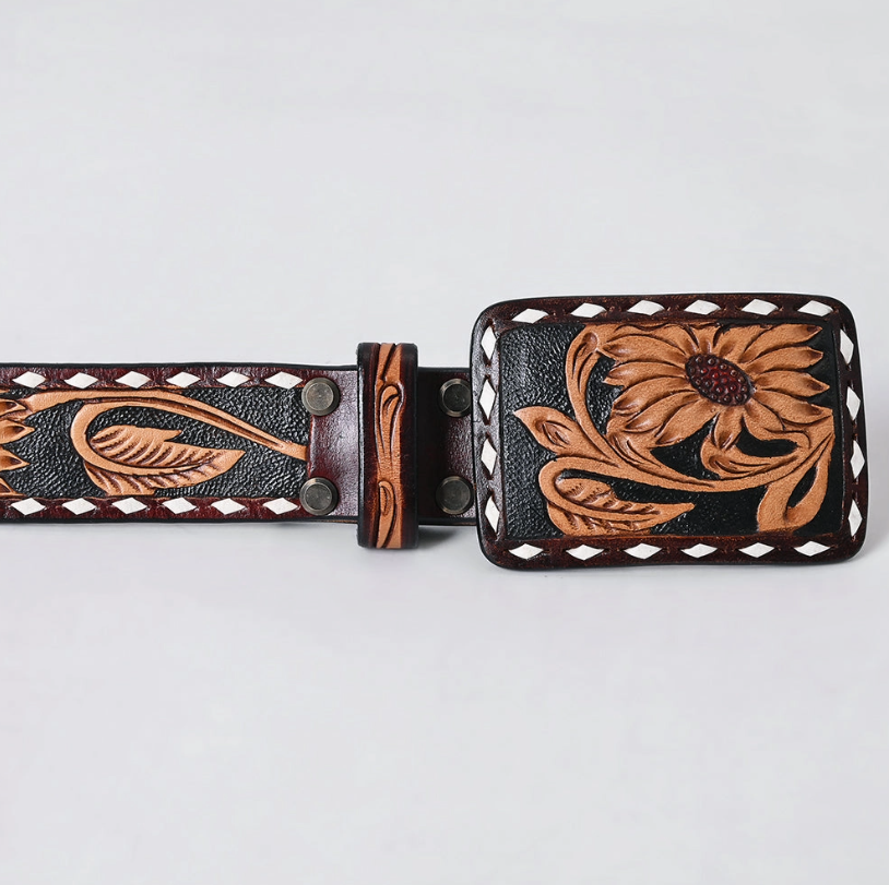Canyon Under The Stars Black Tooled Leather Belt w/ Rectangle Buckle