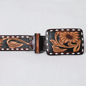 Canyon Under The Stars Black Tooled Leather Belt w/ Rectangle Buckle