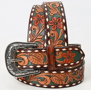 Field Of Flowers Tooled Leather Belt w/ Silver Western Buckle