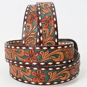 Field Of Flowers Tooled Leather Belt w/ Silver Western Buckle