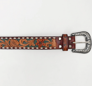 Field Of Flowers Tooled Leather Belt w/ Silver Western Buckle