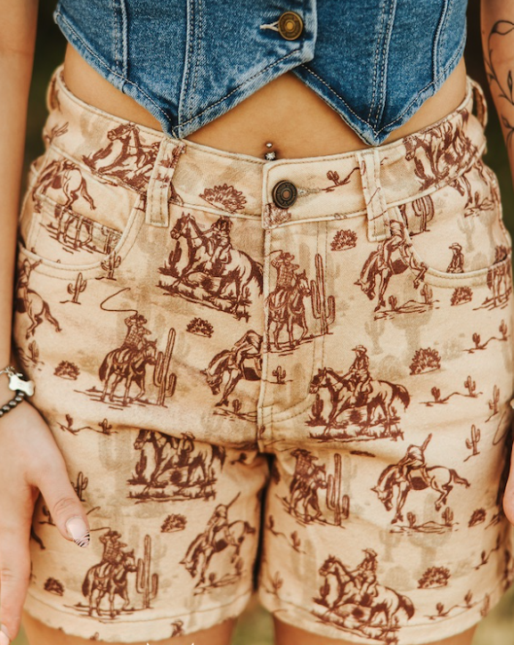 Dusty Trail Vintage Cowboy Toile Denim Shorts