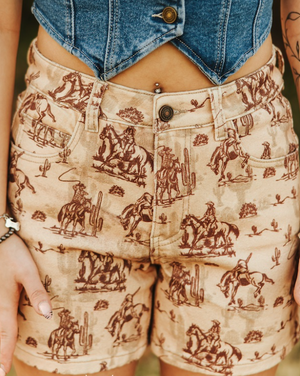 Dusty Trail Vintage Cowboy Toile Denim Shorts