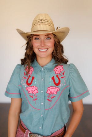 Rose Colored Glasses Denim Pearl Snap Blouse