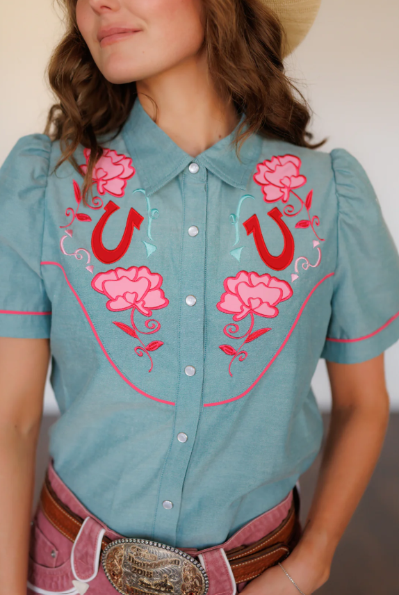 Rose Colored Glasses Denim Pearl Snap Blouse