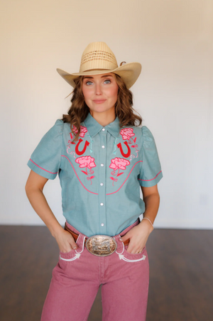 Rose Colored Glasses Denim Pearl Snap Blouse