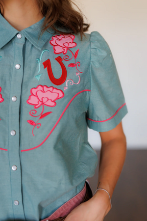 Rose Colored Glasses Denim Pearl Snap Blouse