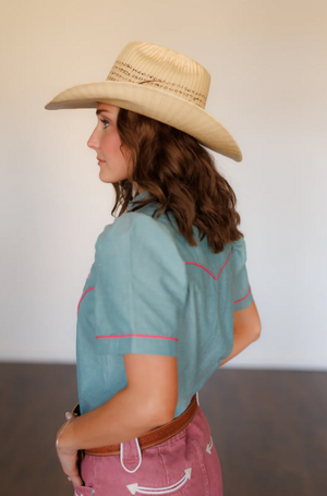 Rose Colored Glasses Denim Pearl Snap Blouse