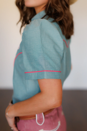 Rose Colored Glasses Denim Pearl Snap Blouse