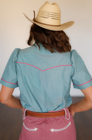 Rose Colored Glasses Denim Pearl Snap Blouse