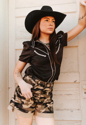 Espresso Cowgirl Pearl Snap Puff Sleeve Blouse