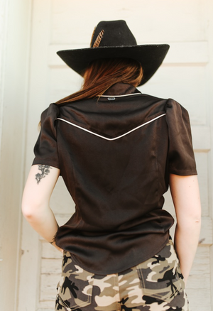 Espresso Cowgirl Pearl Snap Puff Sleeve Blouse
