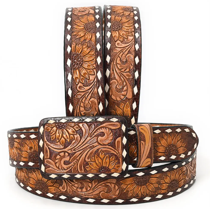 Sunflower Soirée Tooled Leather Belts w/ Rectangle Buckle
