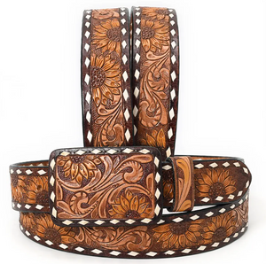 Sunflower Soirée Tooled Leather Belts w/ Rectangle Buckle ~ PREORDER 8/10
