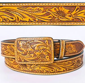 Golden Hour Tooled Floral Western Leather Belt w/ Rectangle Buckle ~ PREORDER 8/10