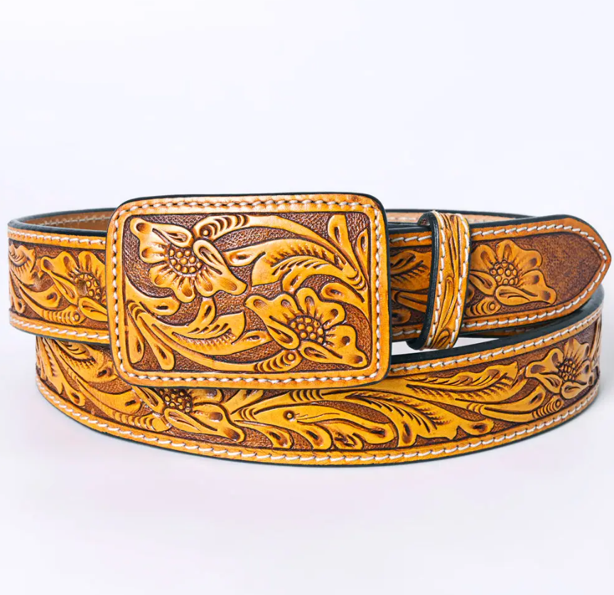 Golden Hour Tooled Floral Western Leather Belt w/ Rectangle Buckle