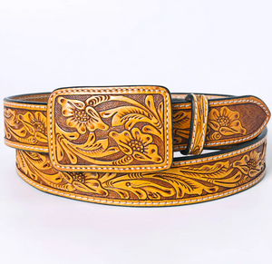 Golden Hour Tooled Floral Western Leather Belt w/ Rectangle Buckle ~ PREORDER 8/10