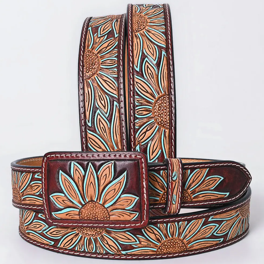 Cowgirl Garden Tooled Leather Belt w/ Rectangle Buckle