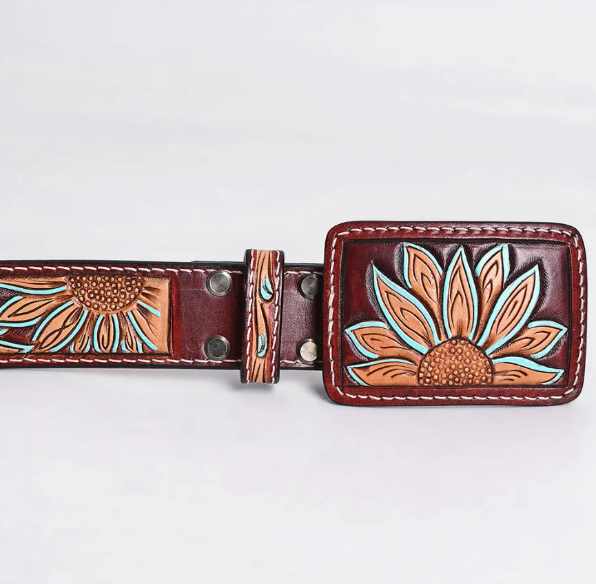 Cowgirl Garden Tooled Leather Belt w/ Rectangle Buckle