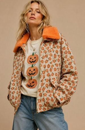 Marigold Meadow Retro Floral Corduroy Jacket with Plush Sherpa Collar