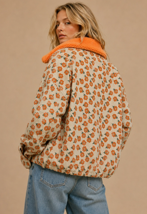 Marigold Meadow Retro Floral Corduroy Jacket with Plush Sherpa Collar