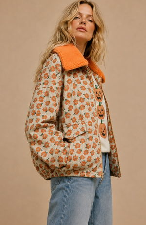 Marigold Meadow Retro Floral Corduroy Jacket with Plush Sherpa Collar
