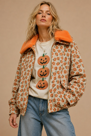 Marigold Meadow Retro Floral Corduroy Jacket with Plush Sherpa Collar