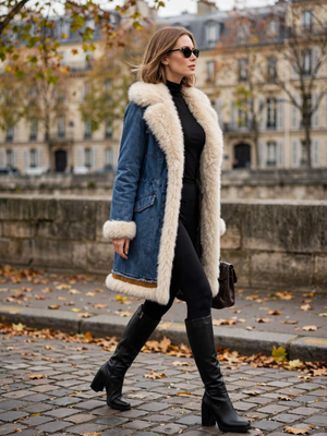 Denim Diva Faux Fur & Denim Long Coat