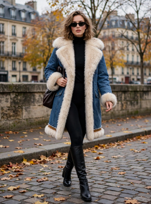 Denim Diva Faux Fur & Denim Long Coat