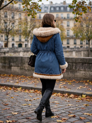 Denim Diva Faux Fur & Denim Long Coat