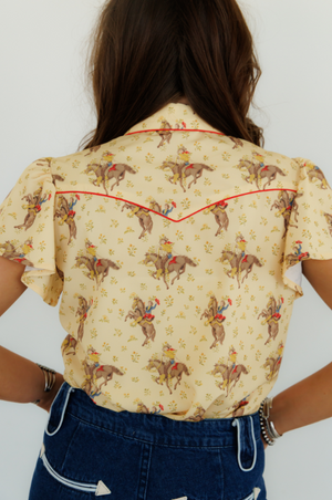Prairie Pony Short Flutter Sleeve Button Up Blouse