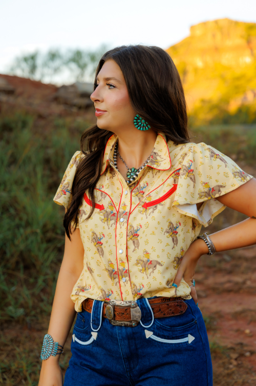 Prairie Pony Short Flutter Sleeve Button Up Blouse