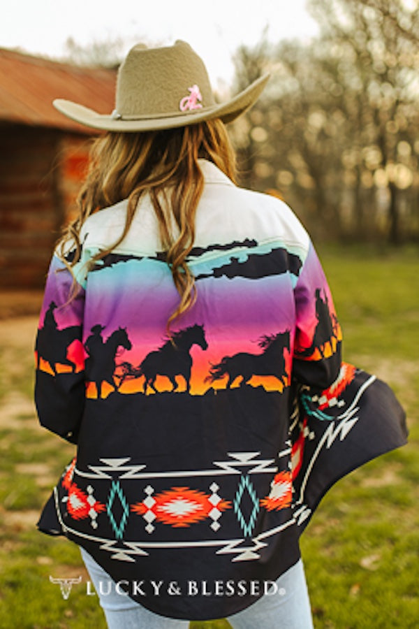 The Beaches of Cheyenne Retro Style Wild Horses Pearl Snap Button Up