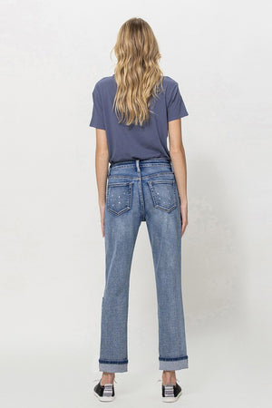 STRETCH BOYFRIEND JEANS W PAINT SPATTER DETAIL AND