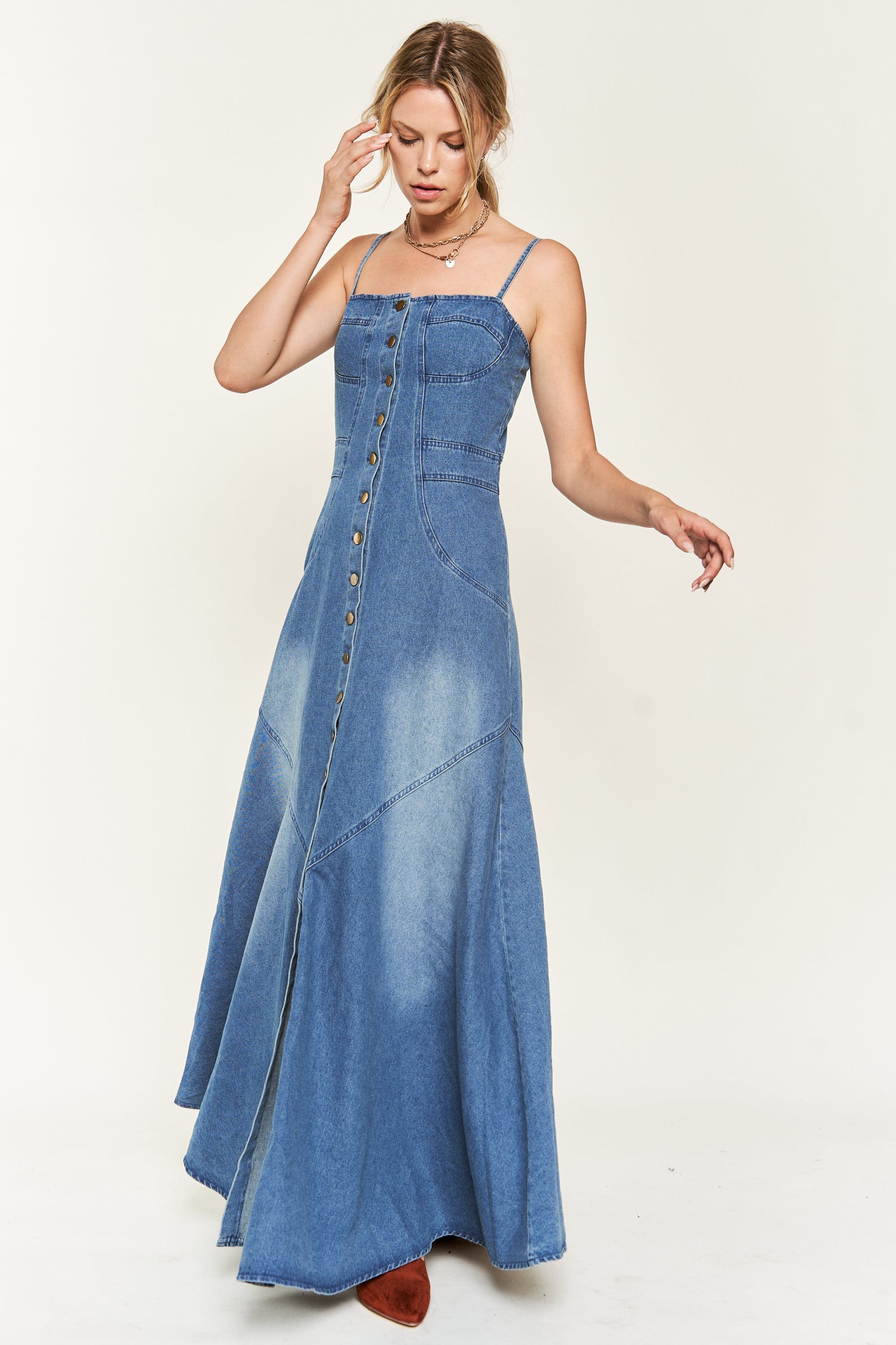 Right Down The Line Button Front Denim Maxi Dress - Lil Bee's Bohemian Right Down The Line Button Front Denim Maxi Dress - Lil Bee's Bohemian