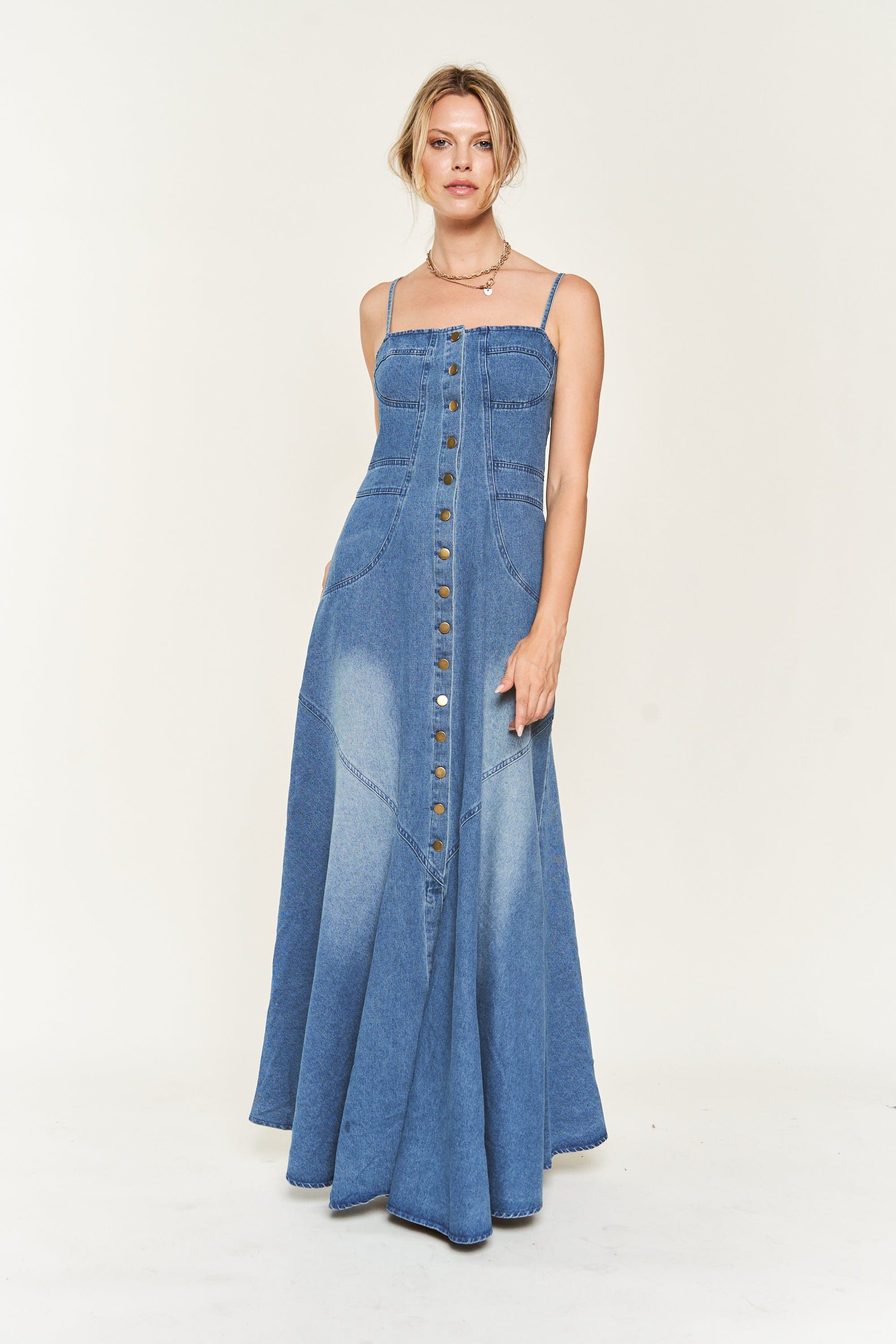 Right Down The Line Button Front Denim Maxi Dress Lil Bee s Bohemian