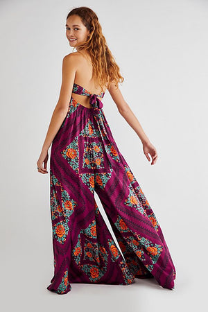Free People Embroidered Satin Floral Serenity Wide Leg Jumpsuit - Purple Mix - Large 12/14/16/18