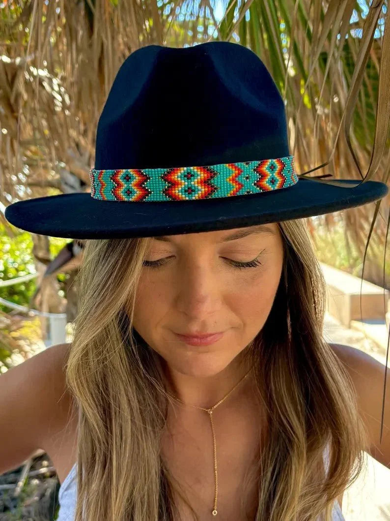 KAQCHI Turquoise & Red Mix Beaded Hat Band (DS)
