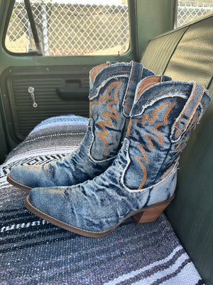 Y'all Need Dolly Distressed Denim Embroidered Boots (DS) ~ BACKORDER 1/10/24