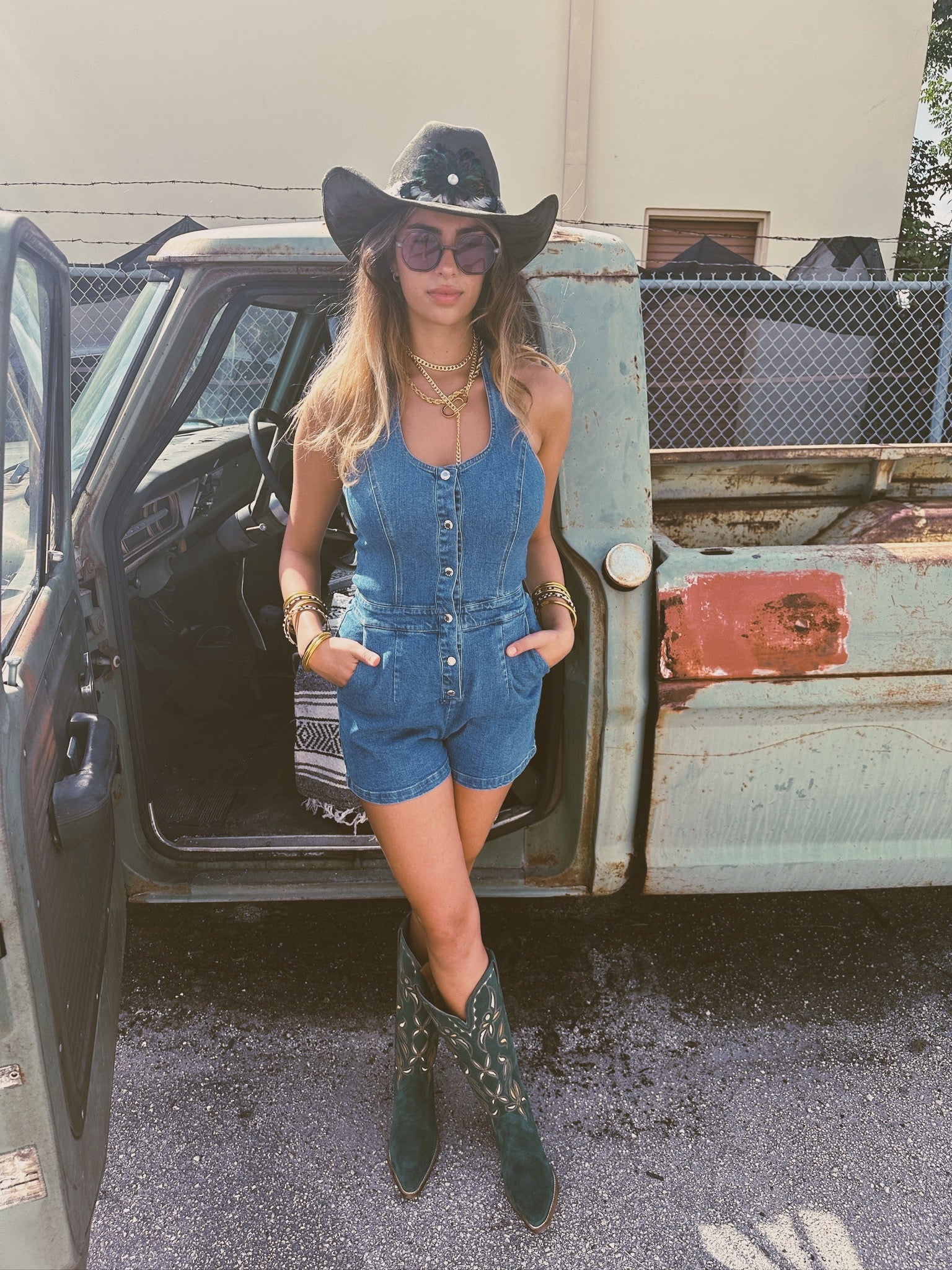 Lil Pixie Denim Halter Snap Front Romper