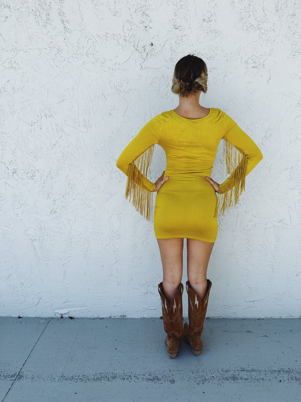 Fringe Sleeve Mustard Mini Dress SAMPLE SALE Lil Bee's Bohemian